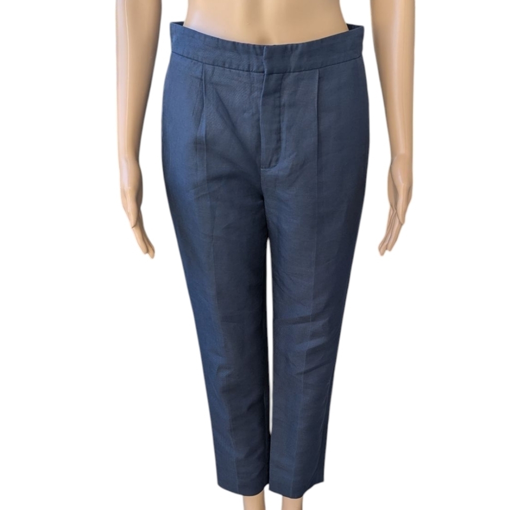 Chloé Linen Blend Cropped Trousers Blue Pleated Tailored Fit Size 2 FR 34 - Picture 5 of 9